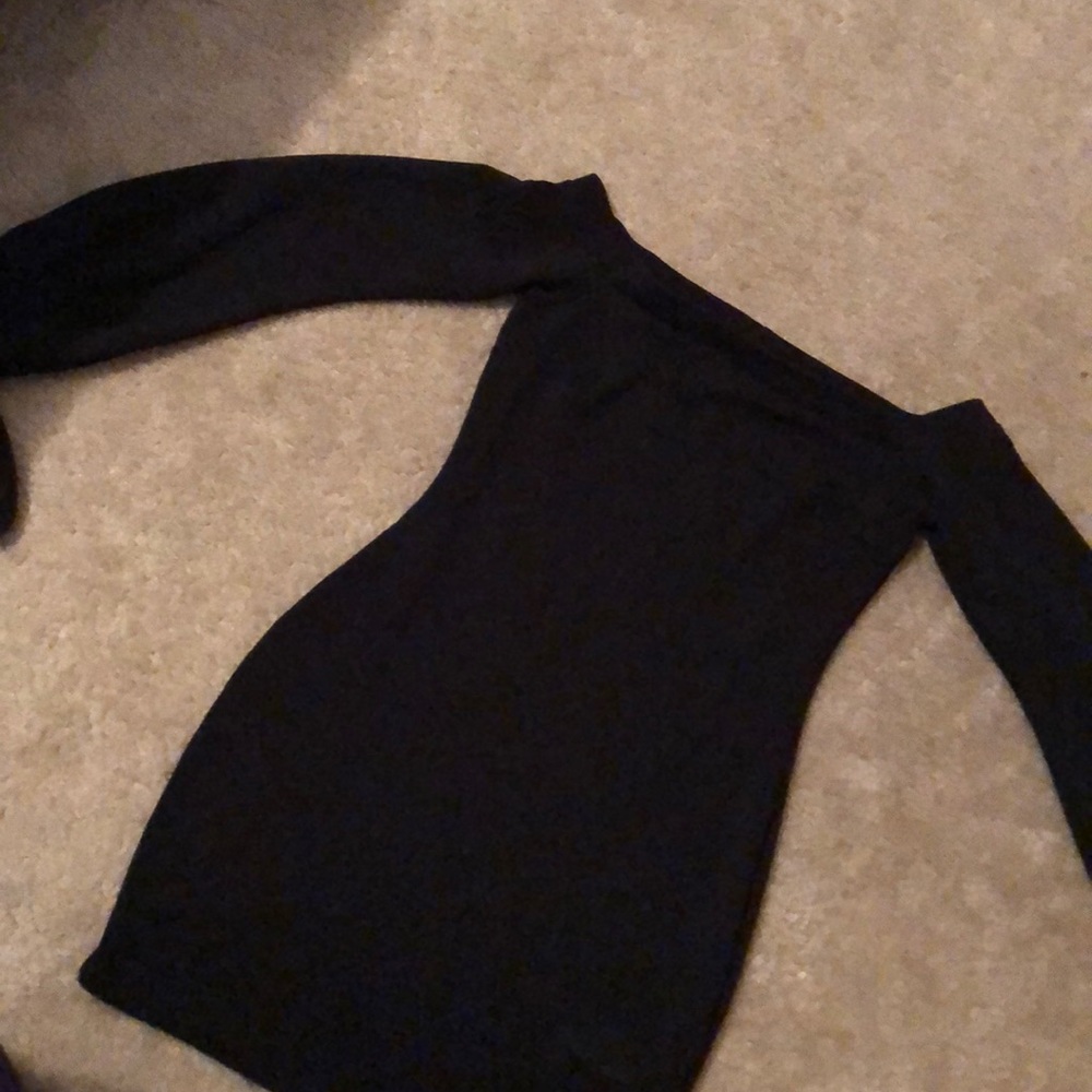 Black off the shoulder mini dress with bow sleeves